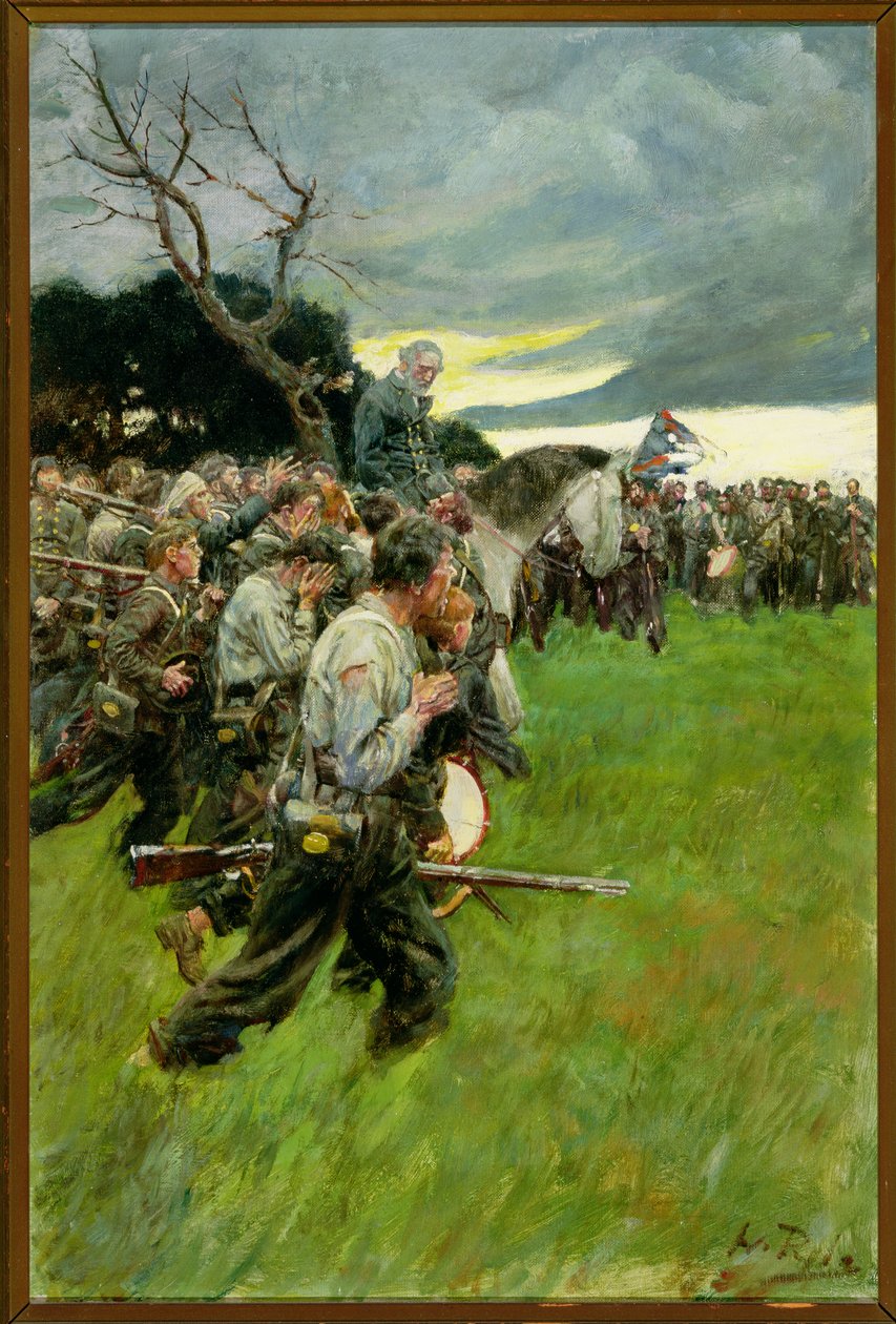 Hänen armeijansa hajosi ja seurasi häntä itkien ja nyyhkyttäen, A.R.H.:n teoksesta "General Lee as I Knew Him". Ranson, julkaistu Harper