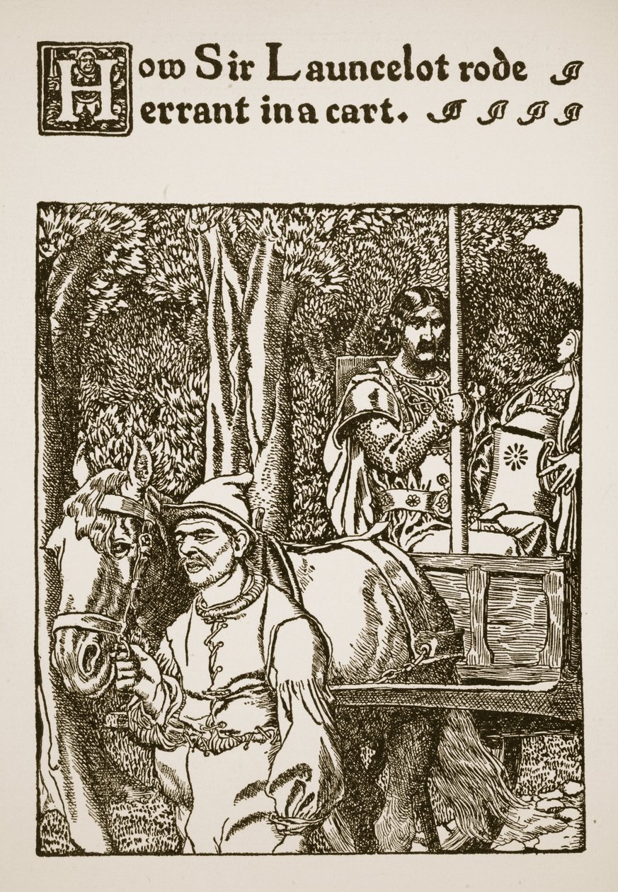 Kuinka Sir Launcelot ratsasti harhaan kärryssä, kuvitus teoksesta "Sir Launcelotin ja hänen seuralaistensa tarina", 1907 tekijältä Howard Pyle