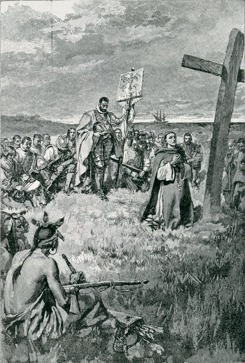 Jacques Cartier (1491-1557) pystyttää ristin Gaspeen, kuvitus Thomas Wentworth Higginsonin teoksesta "The French Voyageurs", julkaistu Harper