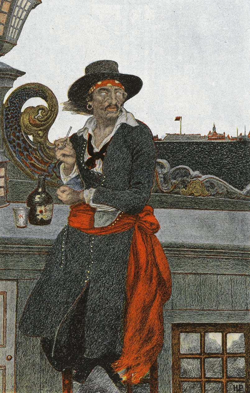 Kidd seikkailukaleeriorjan kannella, 1900-luvun alku (kirjakuvitus). tekijältä Howard Pyle