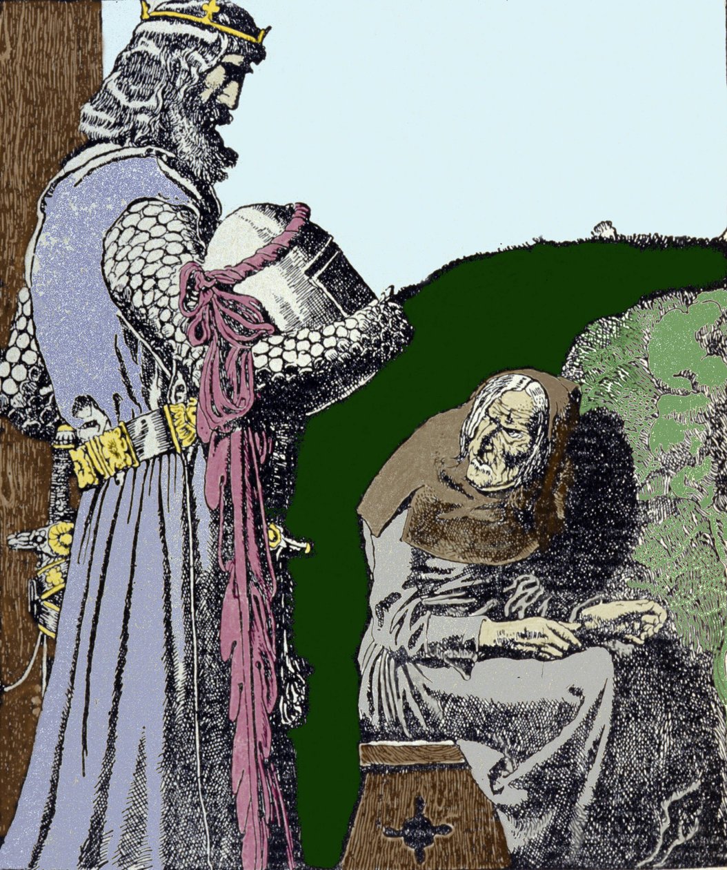 Kuningas Arthur (Artus) ja noita. Kuvitus: Howard Pyle (1853 - 1911), yhdysvaltalainen kuvittaja. tekijältä Howard Pyle