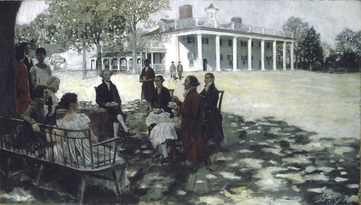 Martha ja George Washington viihdyttämässä ystäviään Mount Vernonin nurmikolla, 1898 (öljy & grisaille kankaalle) tekijältä Howard Pyle