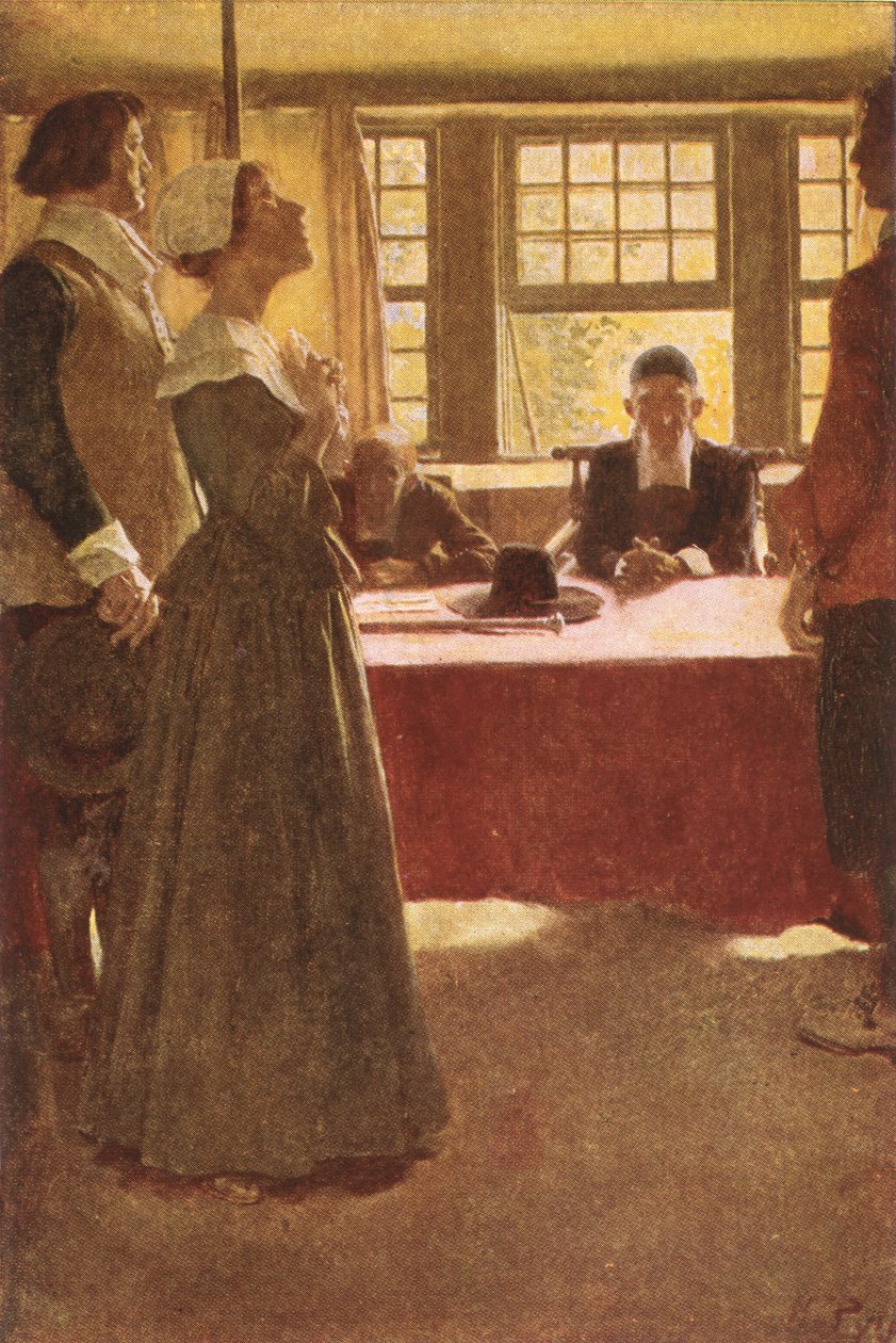 Mary Dyer tuotu kuvernööri Endicottin eteen, kuva Basil Kingin teoksesta "The Hanging of Mary Dyer", pubi. McClure