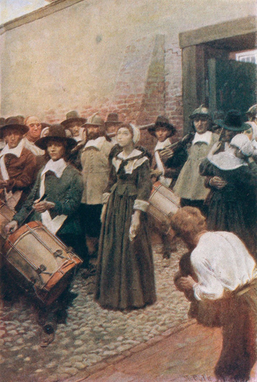 Mary Dyer matkalla rakennustelineille, kuva Basil Kingin teoksesta "The Hanging of Mary Dyer", pubi. McClure