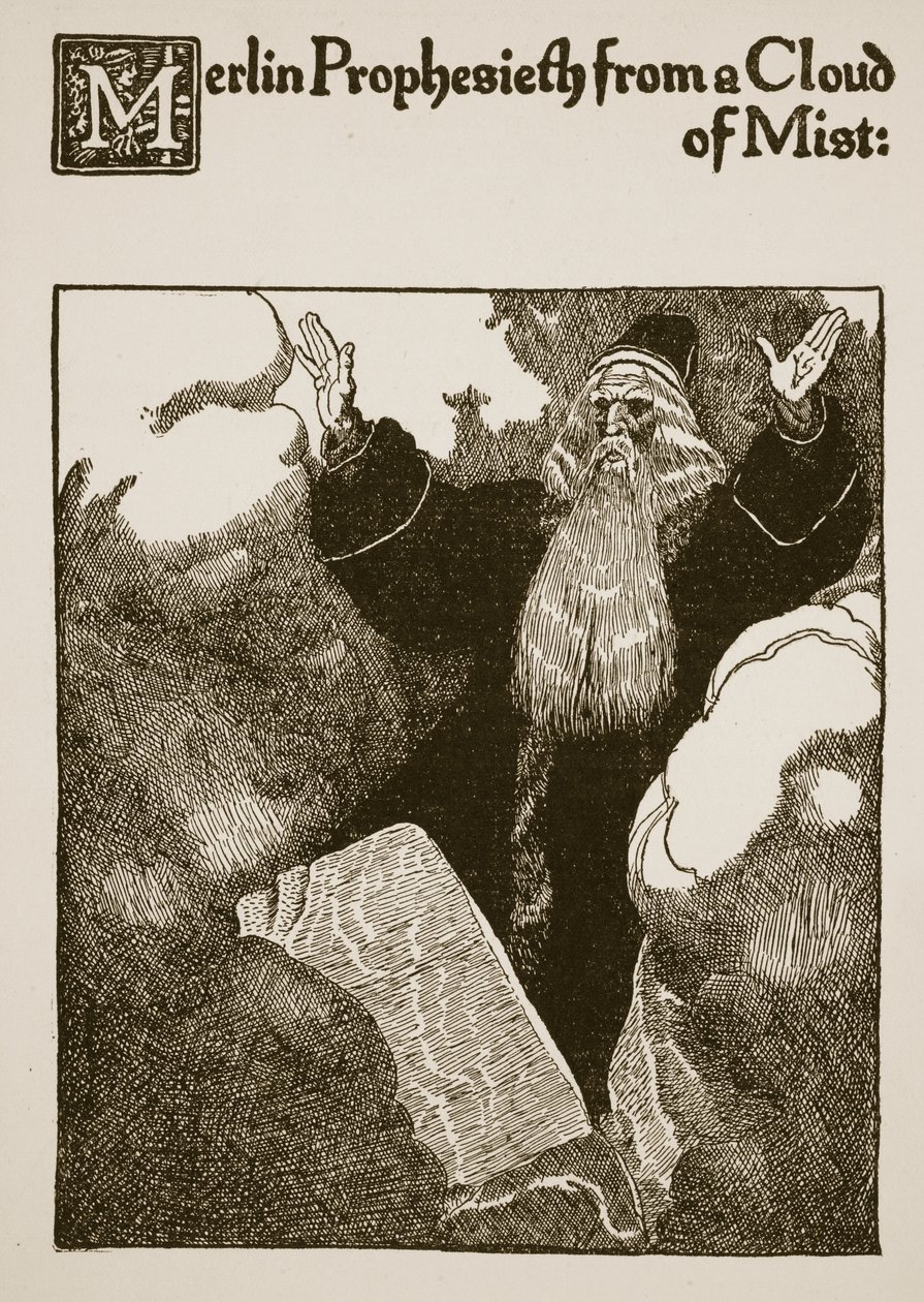 Merlin Prophesieth sumun pilvestä, kuvitus teoksesta "Sir Launcelotin ja hänen seuralaistensa tarina", 1907 tekijältä Howard Pyle