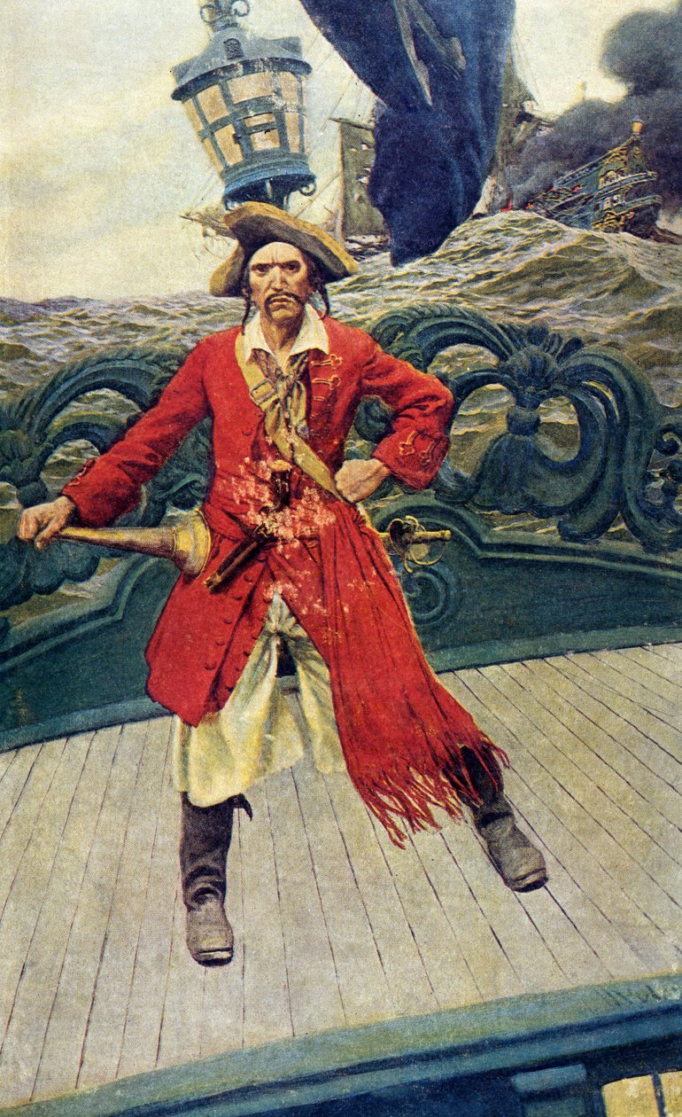 Merirosvokapteeni kannella, 1900-luvun alku (kirjakuvitus) tekijältä Howard Pyle