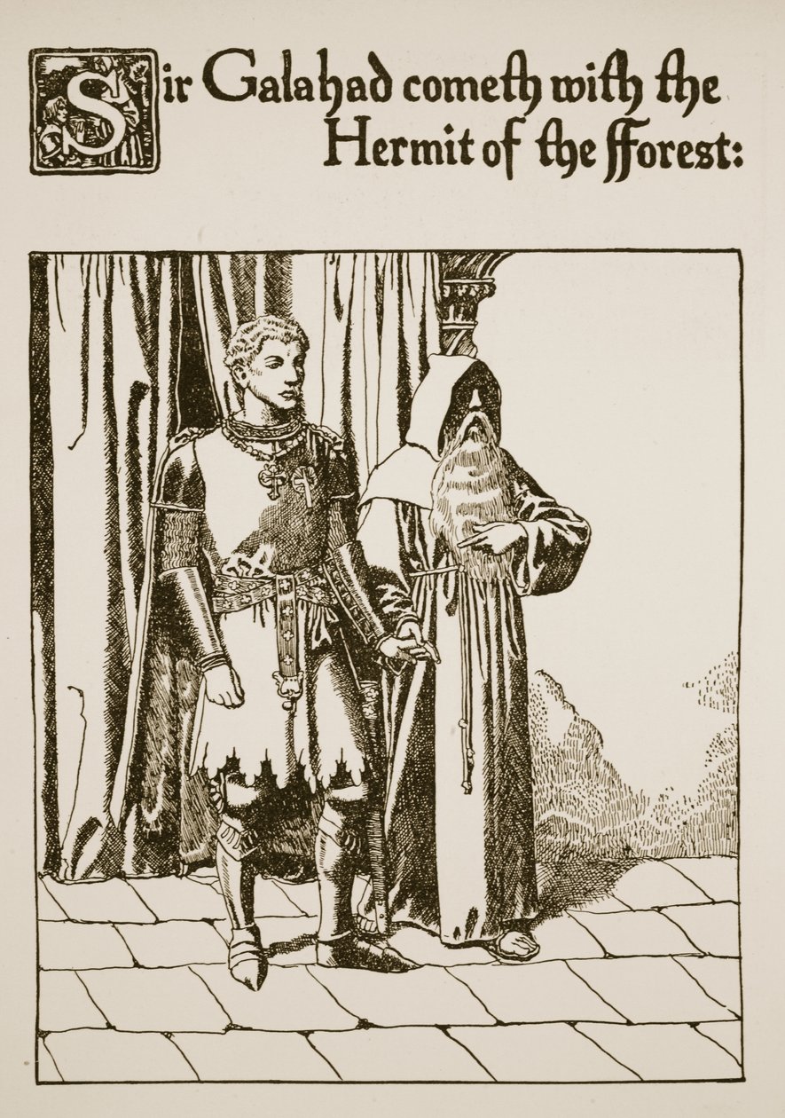Sir Galahad tulee Metsän Erakon kanssa, kuvitus julkaisusta "Graalin tarina ja Arthurin kuolema", n. 1910 tekijältä Howard Pyle