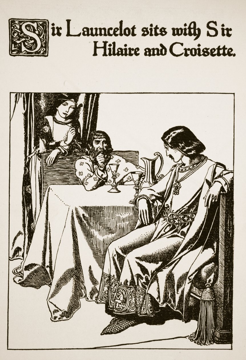 Sir Launcelot istuu Sir Hilairen ja Croisetten kanssa, esimerkki teoksesta "Pyöreän pöydän mestarien tarina" tekijältä Howard Pyle