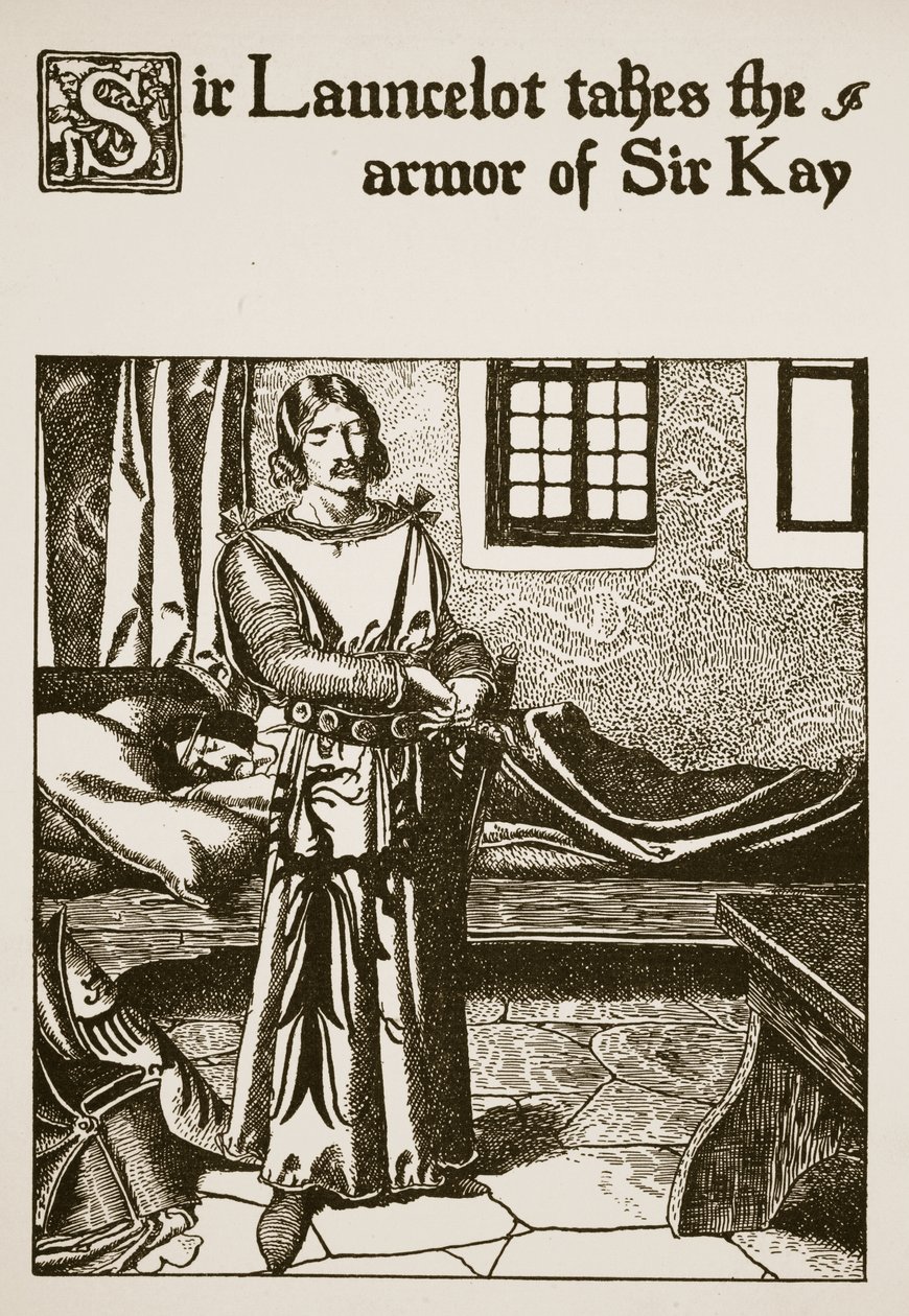 Sir Launcelot ottaa Sir Kayn panssarin, joka on esimerkki teoksesta The Story of the Champions of the Round Table tekijältä Howard Pyle