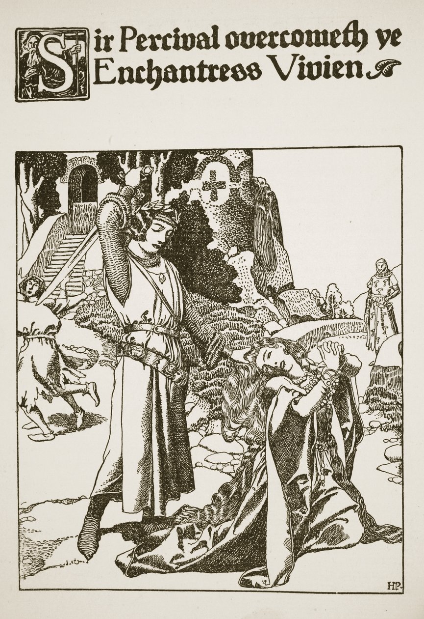 Sir Percival voitti lumotar Vivienin, esimerkki teoksesta "Pyöreän pöydän mestareiden tarina" tekijältä Howard Pyle