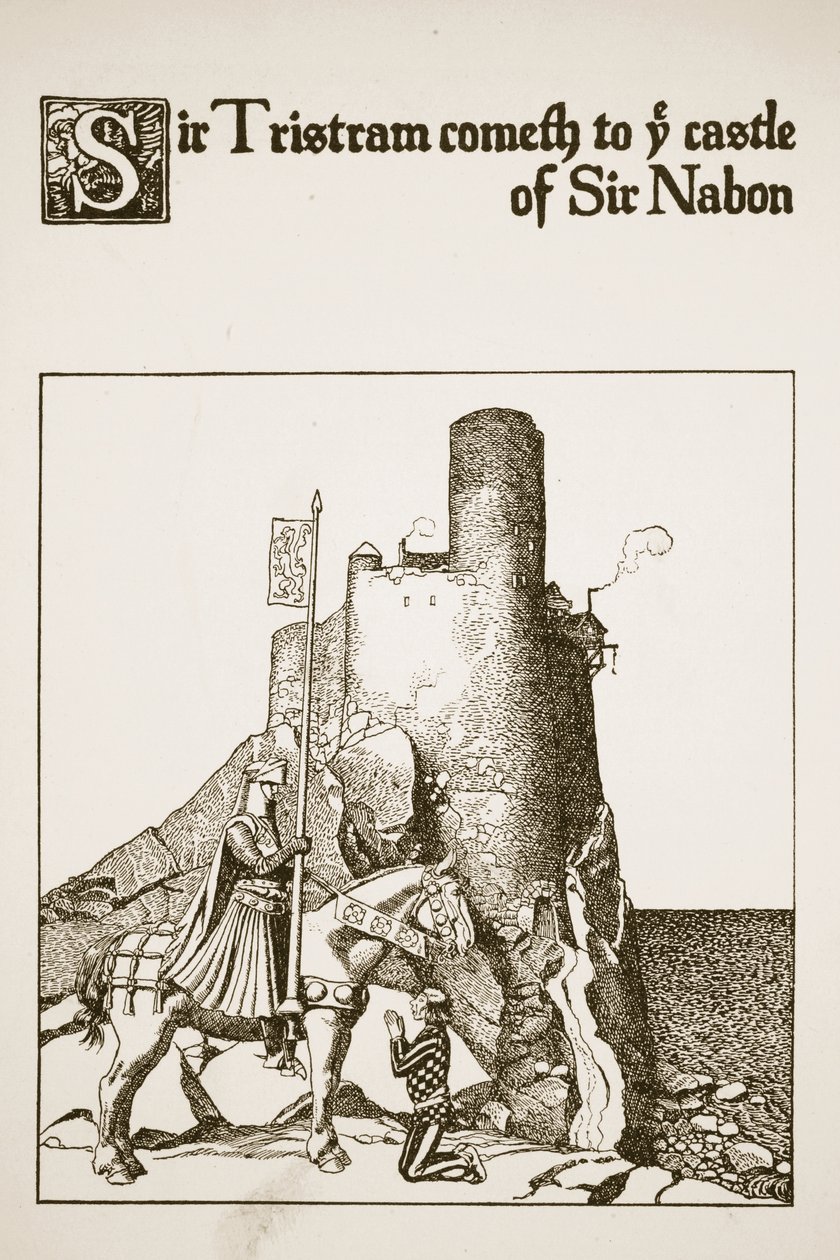 Sir Tristram saapuu Sir Nabonin linnaan, kuvitus teoksesta 
