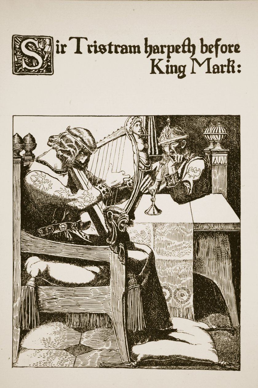 Sir Tristram harpetti kuningas Markuksen edessä, kuvitus teoksesta "Pyöreän pöydän mestareiden tarina" tekijältä Howard Pyle