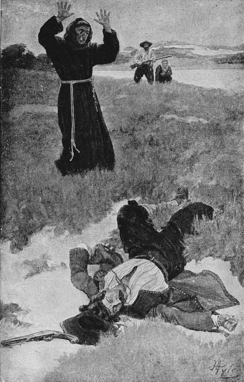 La Sallen salamurha, kuvitus Francis Parkmanin teoksesta "La Salle ja suuren lännen löytäminen" tekijältä Howard Pyle