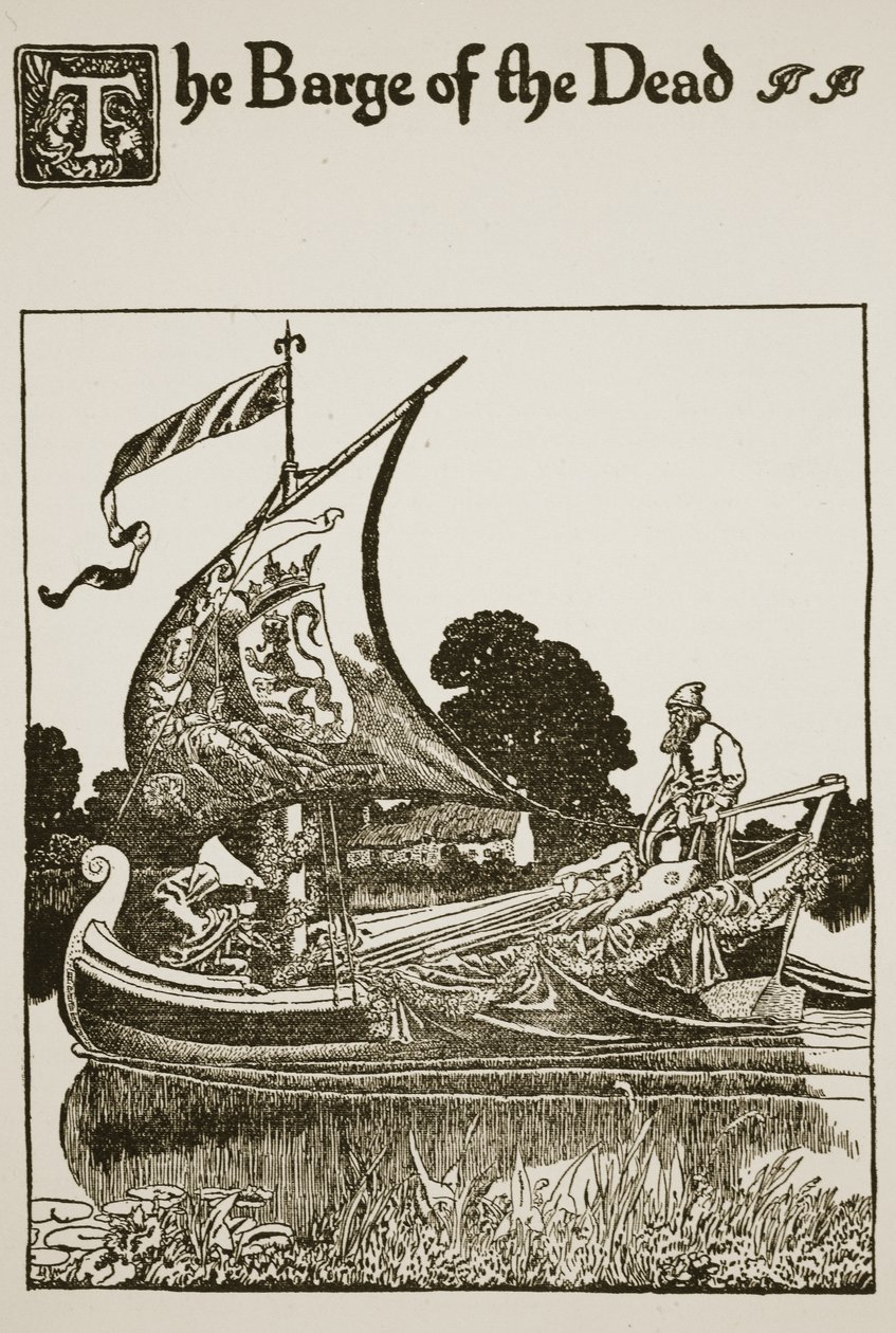 Kuolleiden proomu, kuvitus teoksesta "Sir Launcelotin ja hänen seuralaistensa tarina", 1907 tekijältä Howard Pyle