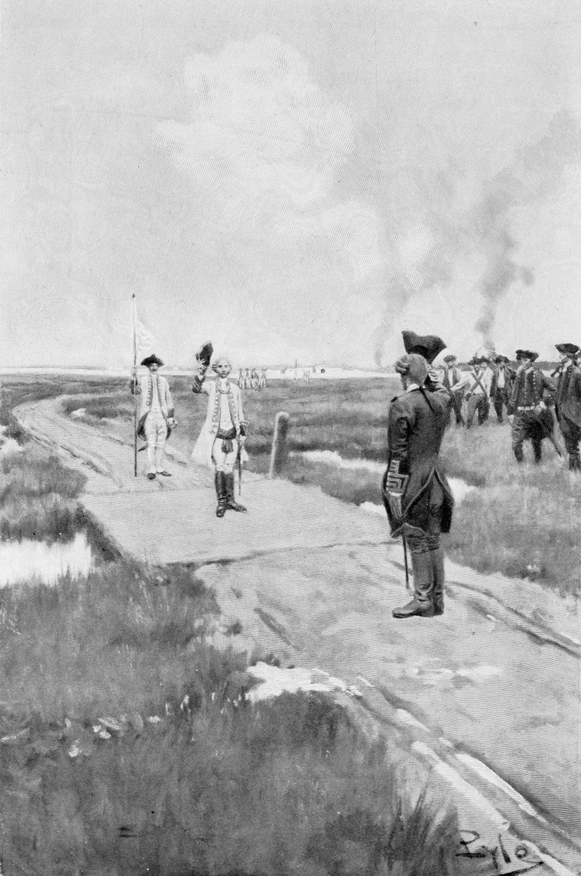 Louisbourgin antautuminen, kuvitus Woodrow Wilsonin teoksesta "Colonies and Nation", pub. Harper