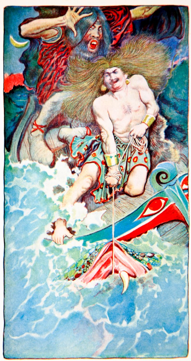 Thorin ja Hymirin kalastus, Folk Legends of the Sea, Harpers Magazine, 1902 tekijältä Howard Pyle