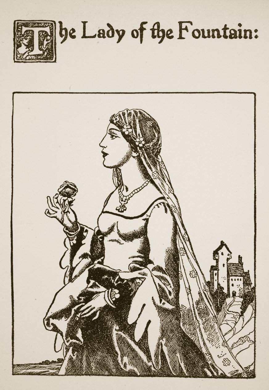 The Lady of the Fountain, kuvitus elokuvasta Tarina Sir Launcelotista ja hänen seuralaisistaan, 1907 tekijältä Howard Pyle