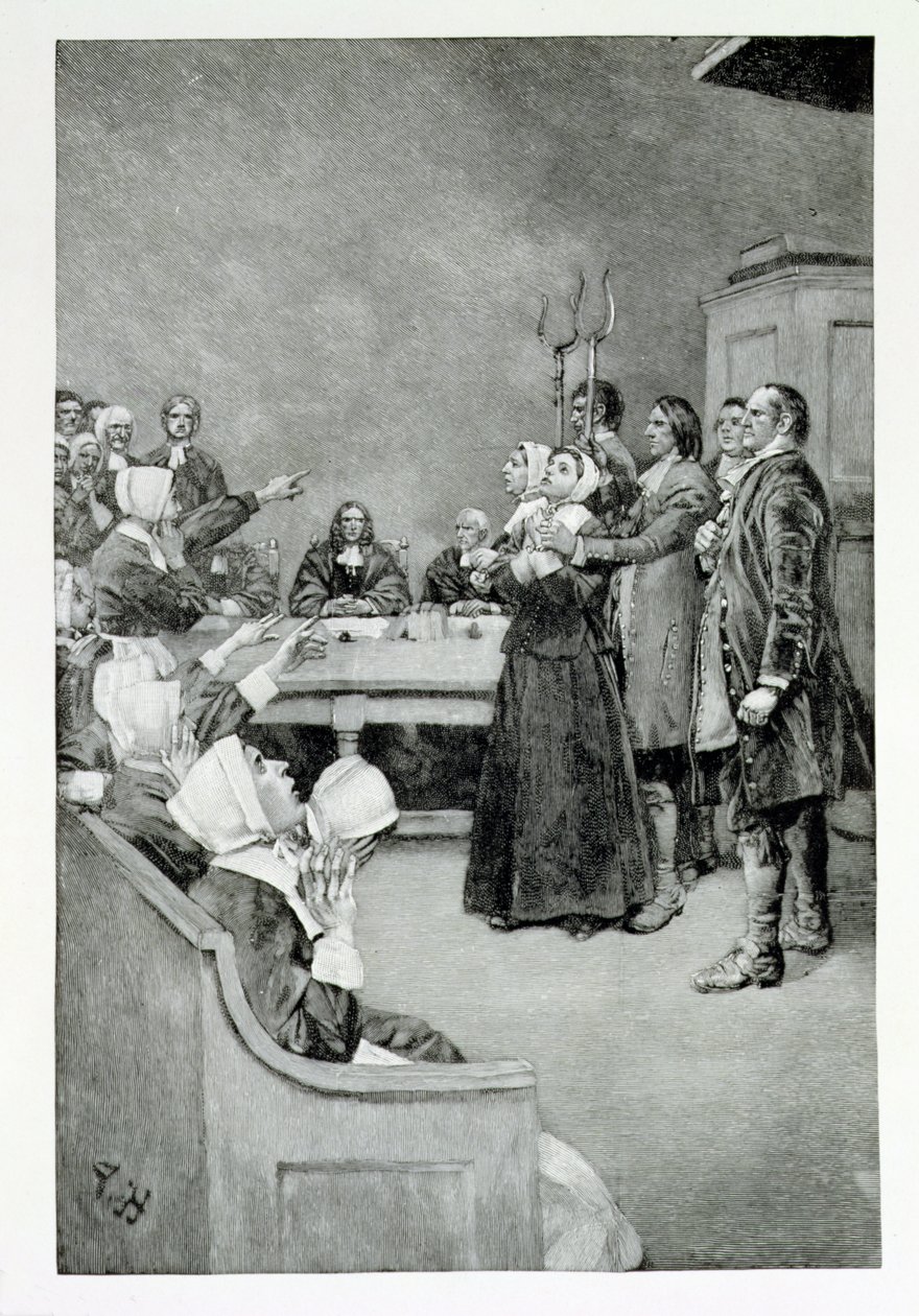 The Trial of a Witch, kuvitus Mary E. Wilkinsin teoksesta Giles Corey, Yeoman, pub. Harper