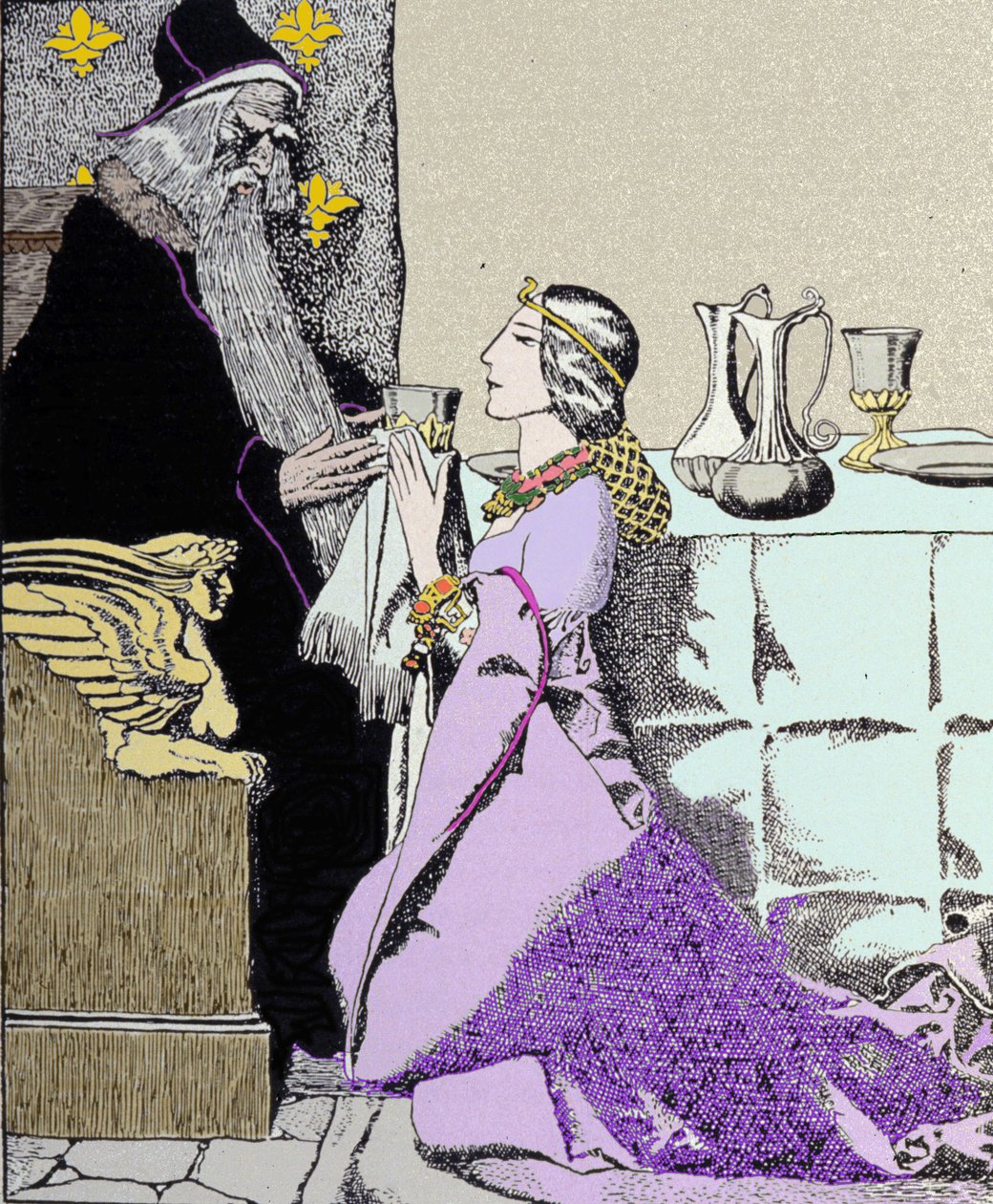 Viviane-maksu kiehtoo Merlin the Enchanter. Kuvitus: Howard Pyle (1853 - 1911), yhdysvaltalainen kuvittaja tekijältä Howard Pyle