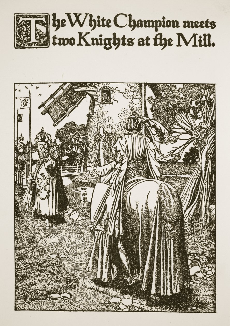 Valkoinen mestari tapaa kaksi ritaria tehtaalla, kuvitus elokuvasta "Kuningas Arthurin ja hänen ritariensa tarina", 1903 tekijältä Howard Pyle