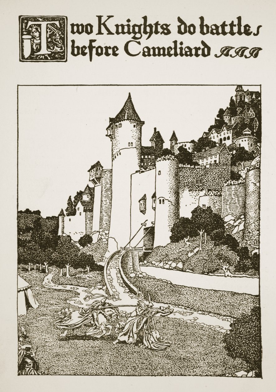 Kaksi ritaria taistelee Cameliardia vastaan, kuvitus artikkelista "The Story of King Arthur and his Knights", 1903 tekijältä Howard Pyle