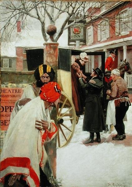 Matkan viimeisessä vaiheessa he pysähtyivät illalliselle tavernaan (tai vakoojiin), Howard Pylen teoksesta "The Price of Blood" (öljy kankaalle) tekijältä Howard Pyle