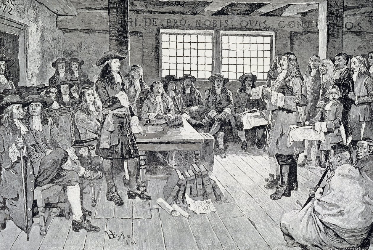 William Penn konferenssissa kolonistien kanssa, kuva "William Pennin ensimmäinen vierailu Amerikkaan" -pubista. Harper