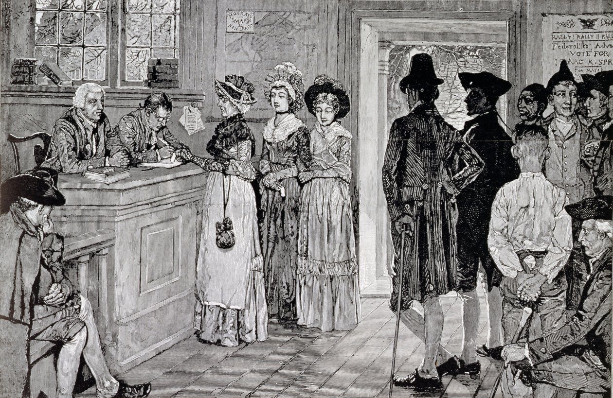 Women at the Polls in New Jersey, kuvitus julkaisusta "Naiset äänestyksessä New Jerseyssä in the Good Times", pub. 