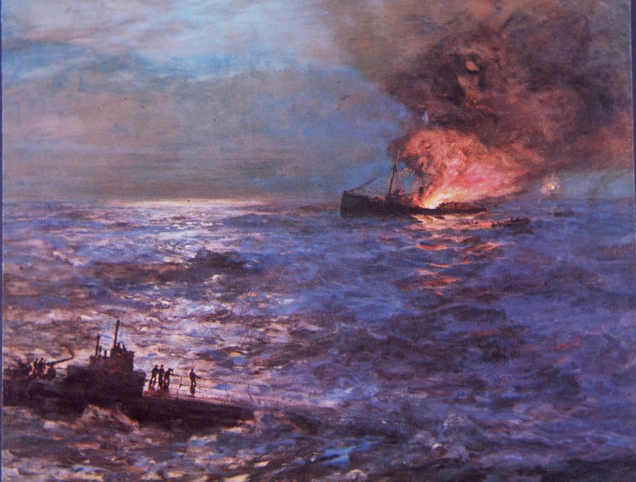 Kauppalaiva pommitti saksalaisen U-veneen toisessa maailmansodassa (väri litho) tekijältä Howard Russell Butler