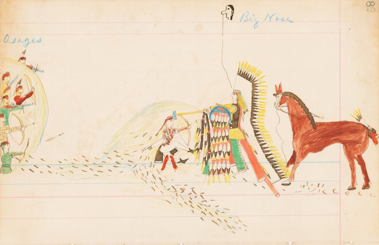 Osages, Big Nose, 1874-75 (kynä, muste ja wc pääkirjapaperilla) tekijältä Howling Wolf