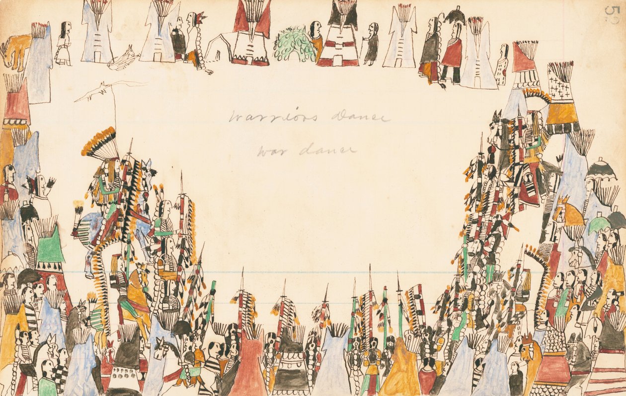 Warriors Dance War Dance, 1874-75 (kynä, muste ja wc pääkirjapaperilla) tekijältä Howling Wolf