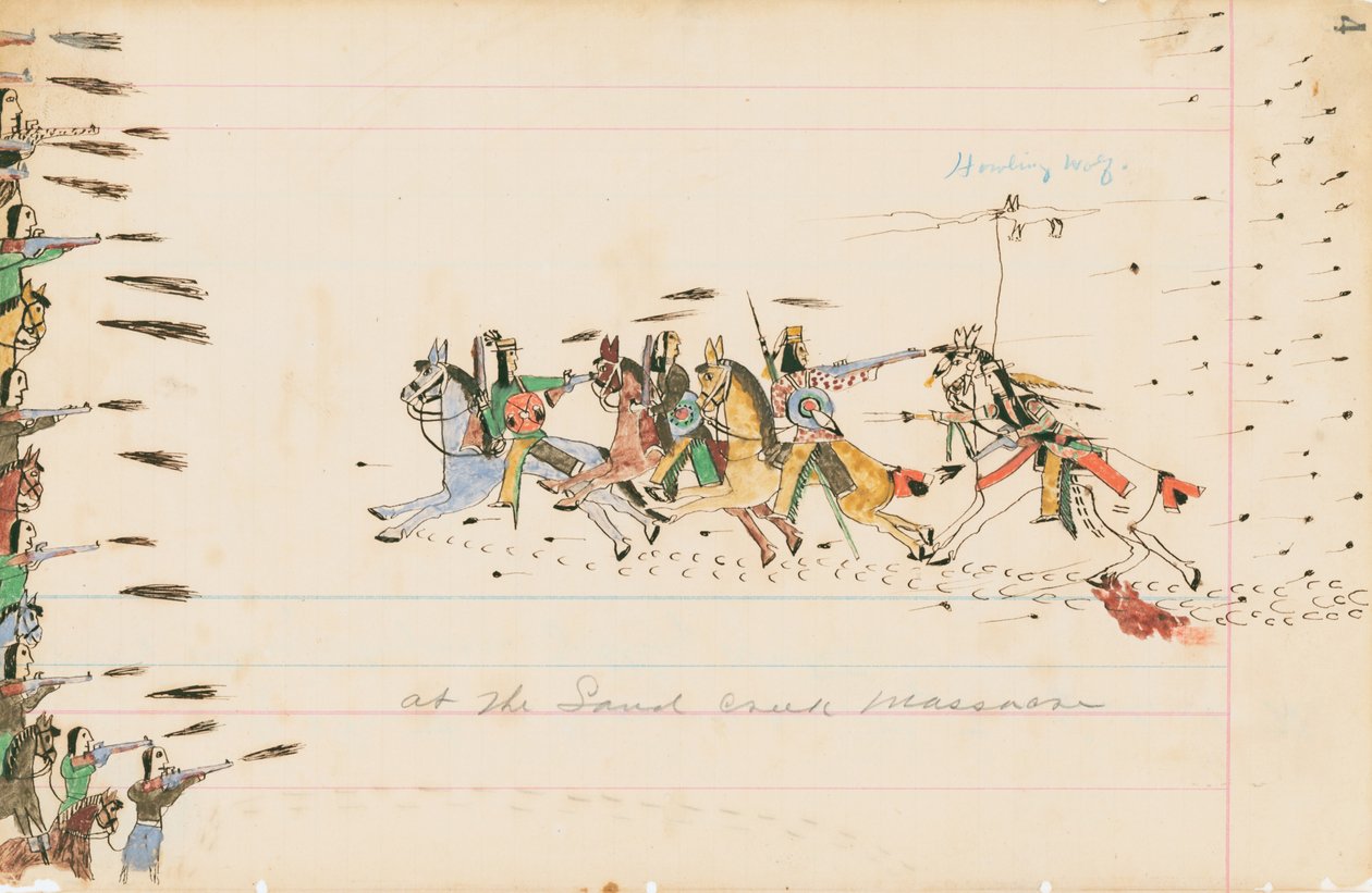 Sand Creekin joukkomurhassa, 1874-75 (kynä, muste ja wc pääkirjapaperilla) tekijältä Howling Wolf