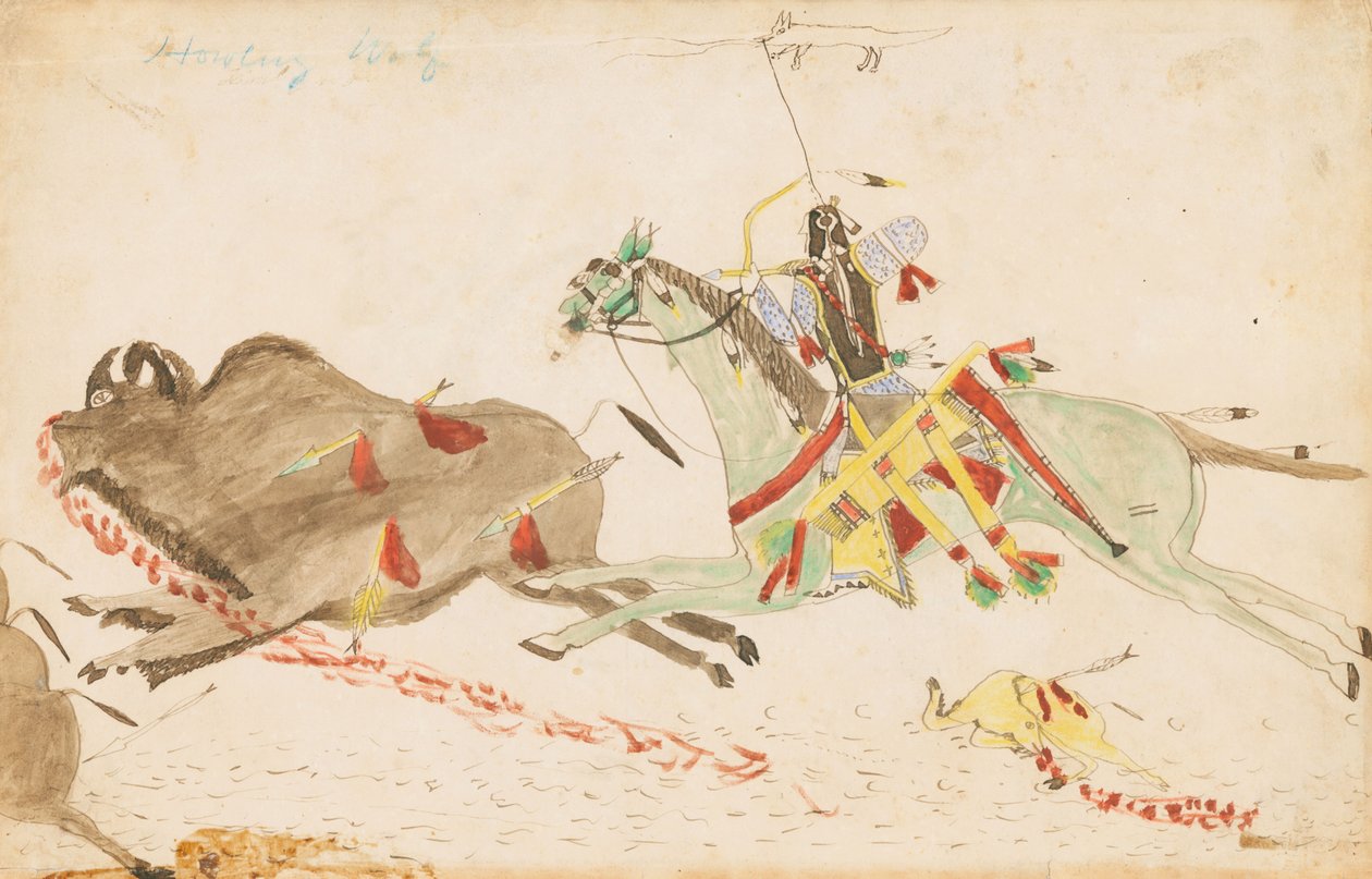 Huutava susimetsästyspuhveli, 1874-75 (kynä, muste ja wc pääkirjapaperilla) tekijältä Howling Wolf