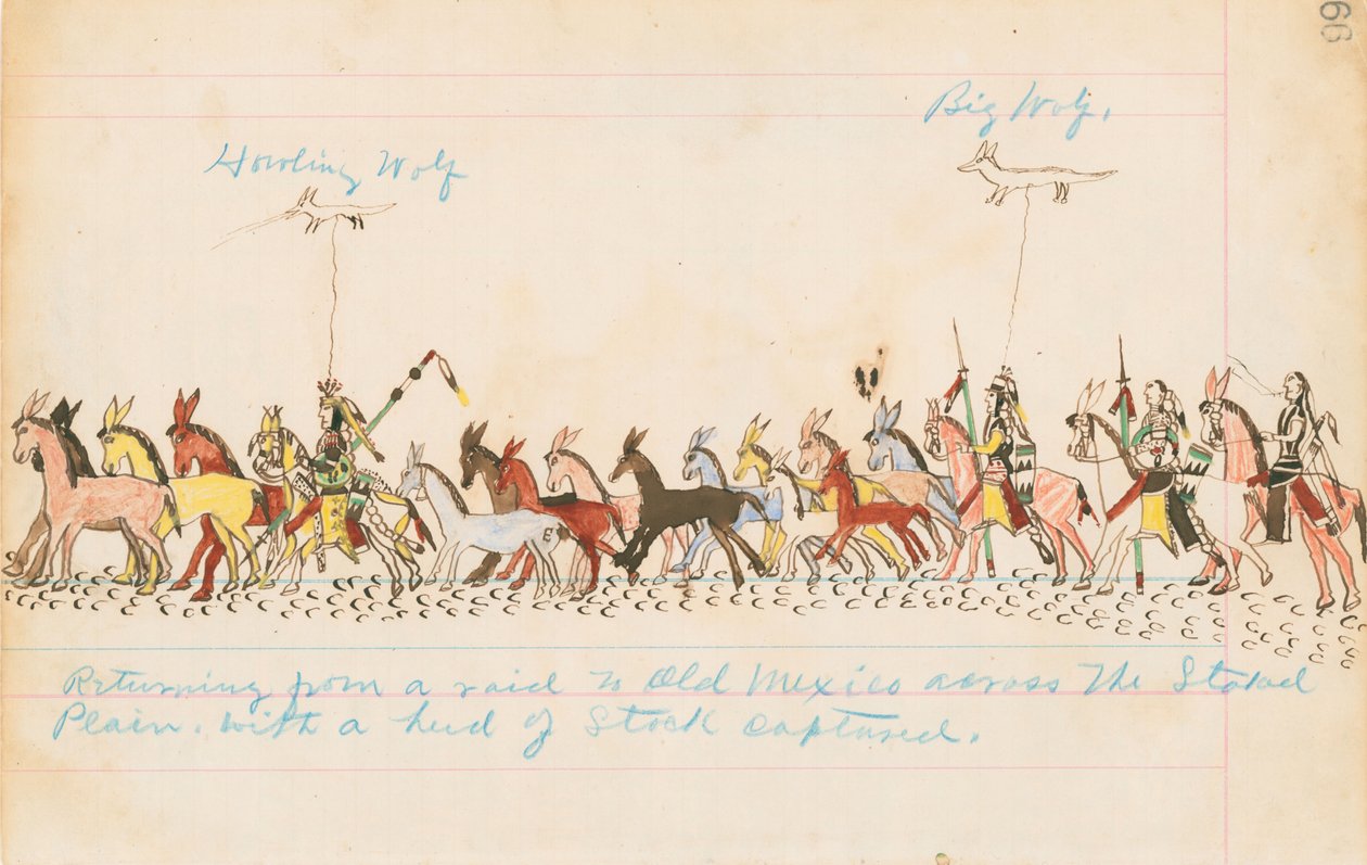 Paluu ryöstöstä Vanhaan Meksikoon Staked Plainsin poikki vangitun karjan kanssa, 1874-75 (kynä, muste ja wc pääkirjapaperilla) tekijältä Howling Wolf