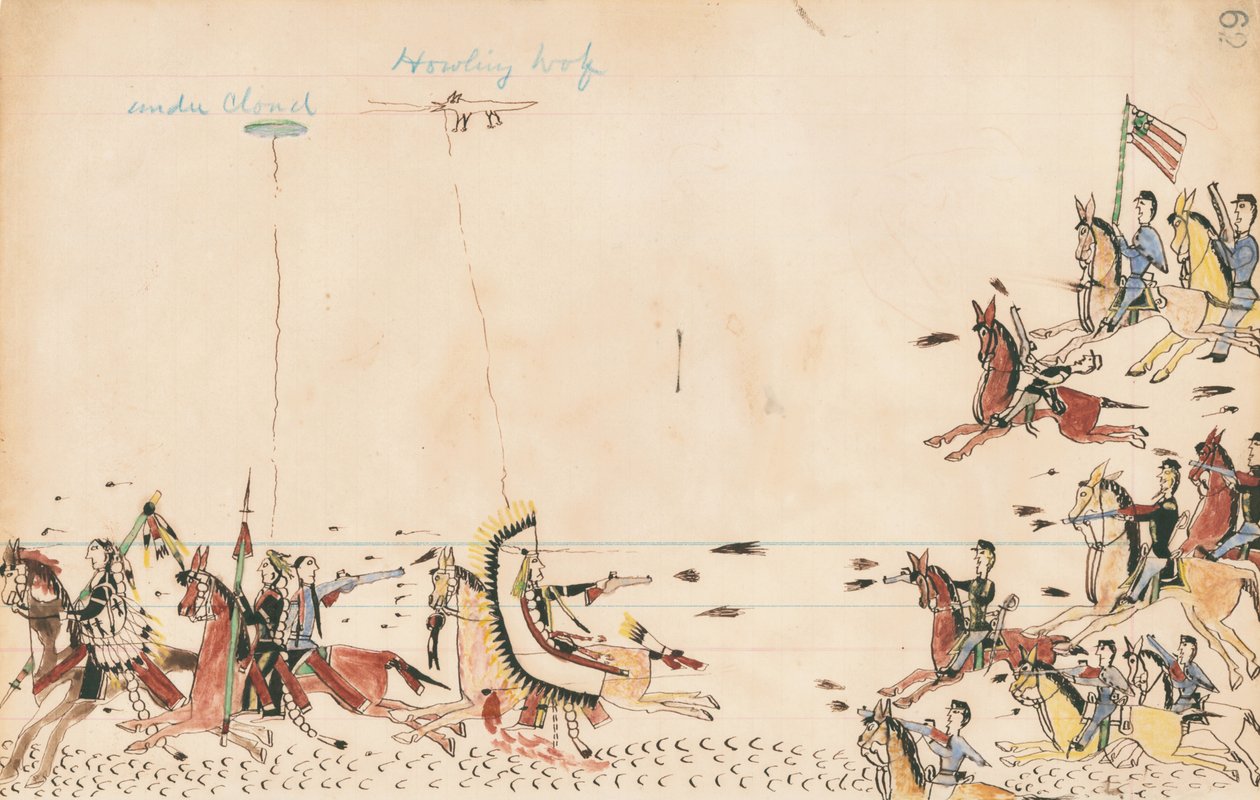 Under Cloud ja Howling Wolf taistelevat kenraali Sullyn kanssa vuonna 1868, 7. luola lähellä nykyistä leirin tarjontaa, 1874-75 (kynä, muste ja wc pääkirjapaperilla) tekijältä Howling Wolf