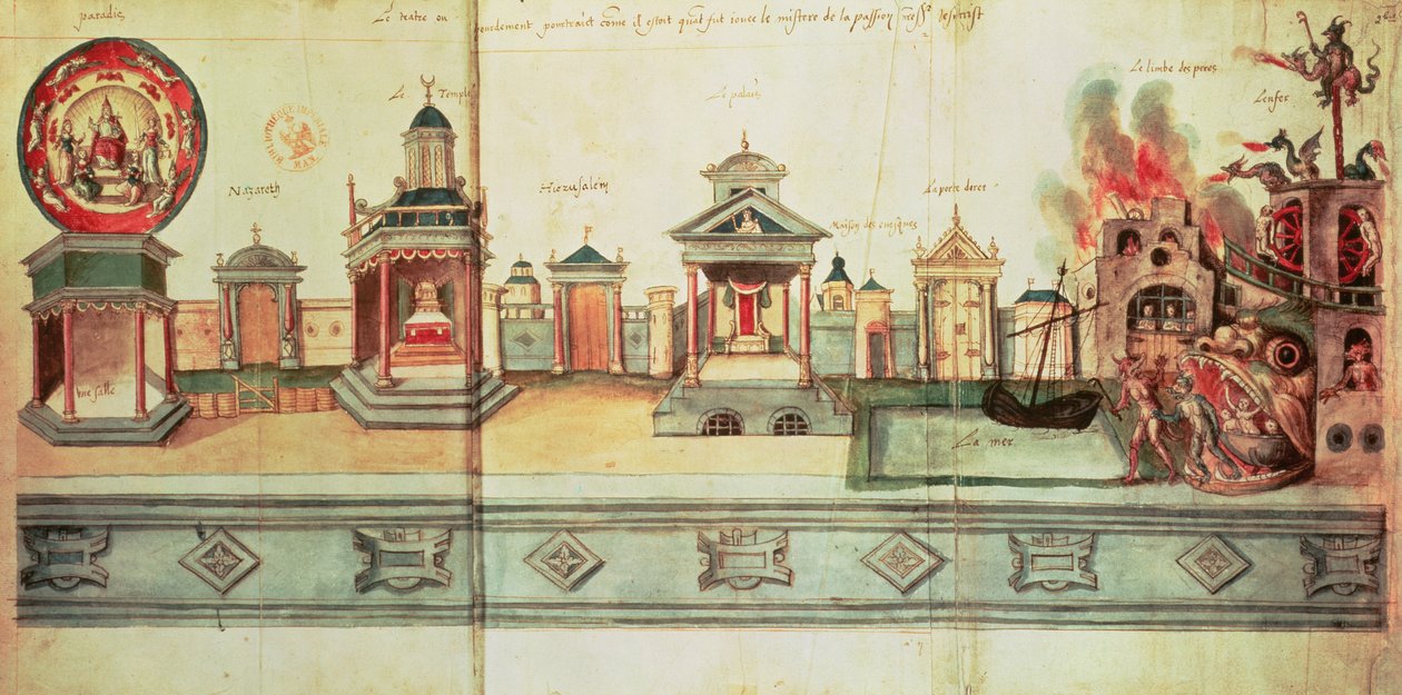 Ms fr.12536 f.2 Valenciennesin mysteerinäytelmän maisema, 1547 (guassi ja muste) tekijältä Hubert Cailleau