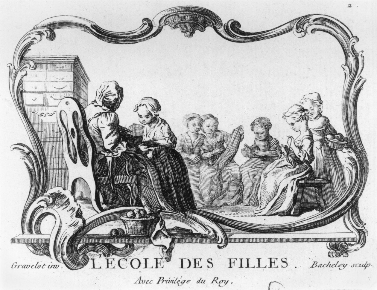 Tyttöjen koulu, ompeluluokka, kaiverrus Jacques Bacheley (1712-81) tekijältä Hubert Francois Gravelot