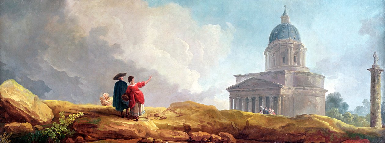 Matkustajalle esillä oleva kirkko laajassa maisemassa tekijältä Hubert Robert