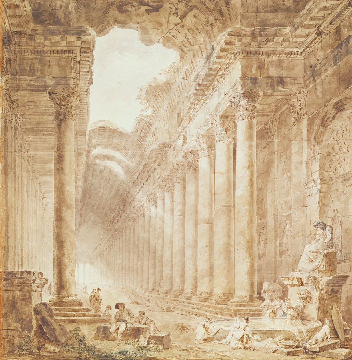 Pylväikkö raunioina, 1780 (kynä, muste ja wc paperilla) tekijältä Hubert Robert