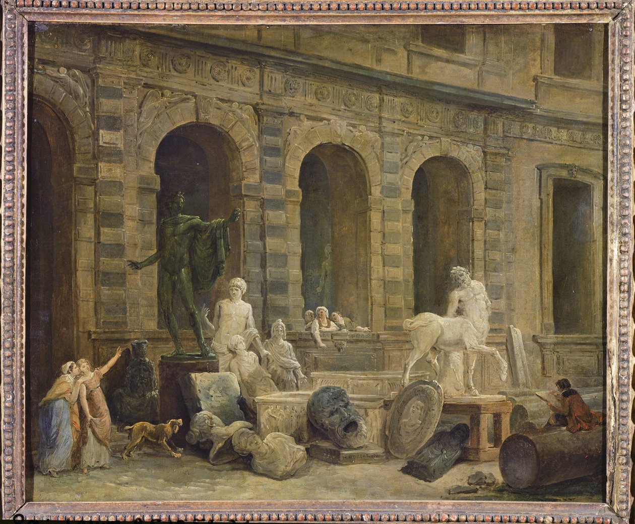 Mies piirtää antiikkiesineitä Louvren Petite Galerien edessä, 1781 tekijältä Hubert Robert