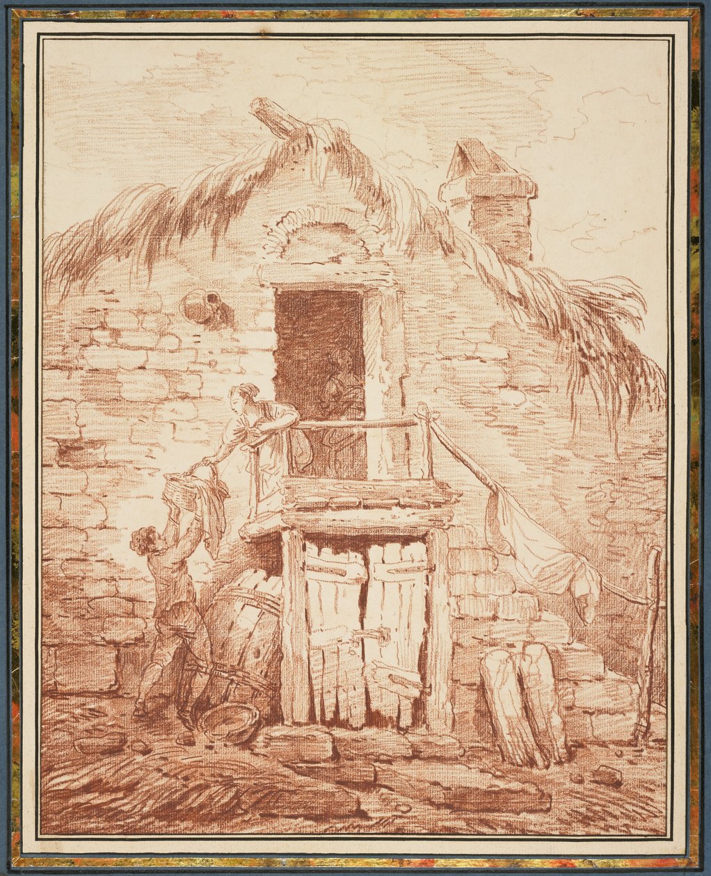 Kivimökki, n. 1774 (conte värikynä valkoiselle paperille) tekijältä Hubert Robert
