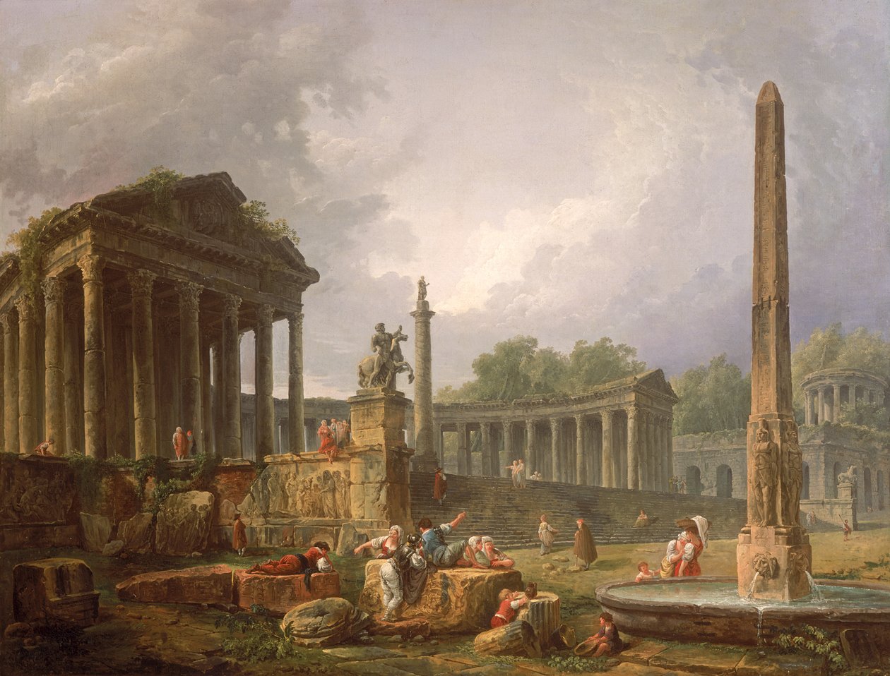 Arkkitehtoninen Capriccio, jossa temppeli ja obeliski, 1798 tekijältä Hubert Robert