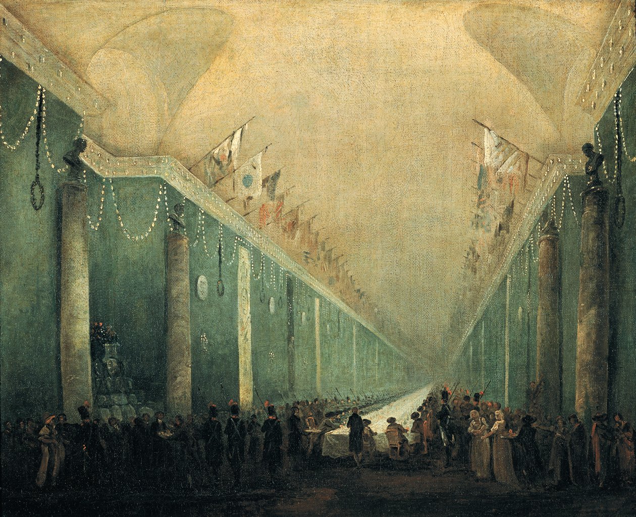 Napoleon Bonaparten (1769-1821) juhlaillallinen Louvren suuressa galleriassa 20. joulukuuta 1797. tekijältä Hubert Robert