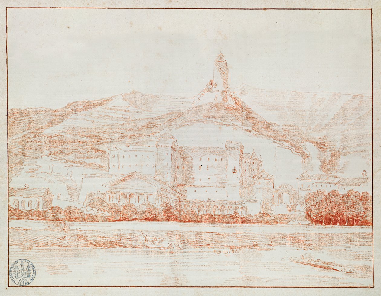 Château de La Roche-Guyon (punainen liitu paperille) tekijältä Hubert Robert