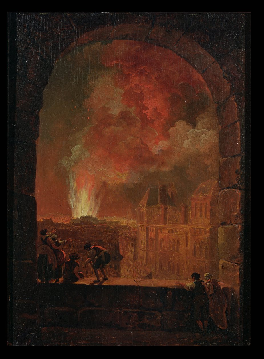Palais-Royal-oopperan tulipalo, näkymä Louvresta, 1781 tekijältä Hubert Robert
