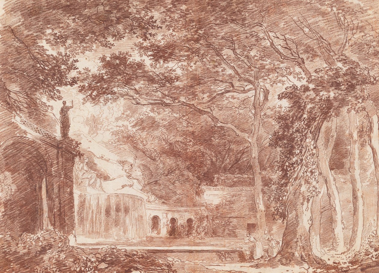 Soikea suihkulähde Tivolin Villa dEste -puutarhassa tekijältä Hubert Robert