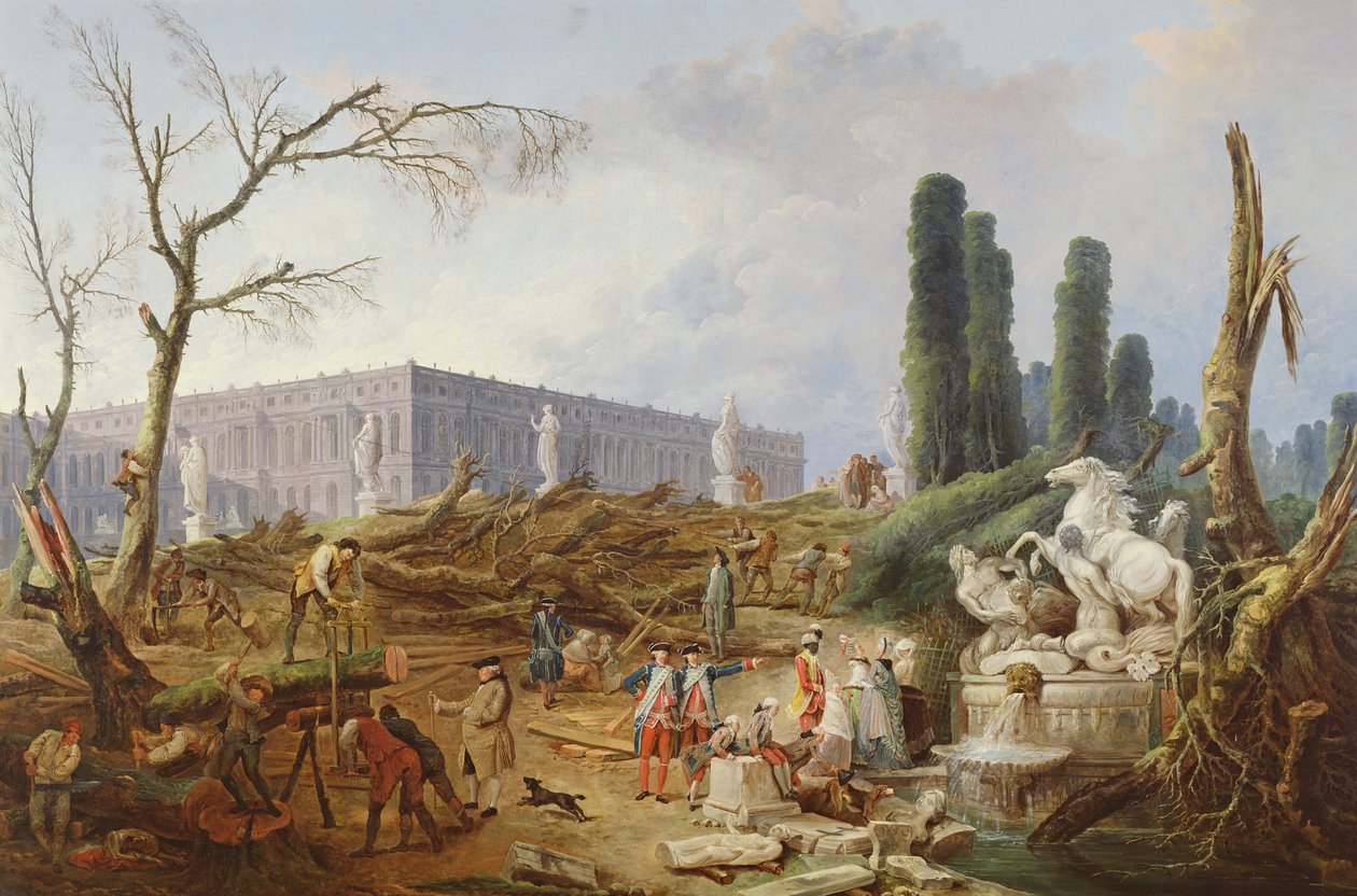 Puiden kaataminen Versaillesin puutarhassa Apollon kylpylän ympärillä, 1775-77 tekijältä Hubert Robert
