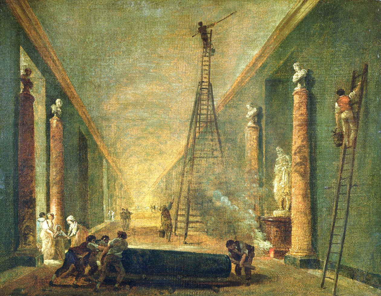 Näkymä Louvren suuresta galleriasta restauroinnin aikana, 1798-99. tekijältä Hubert Robert