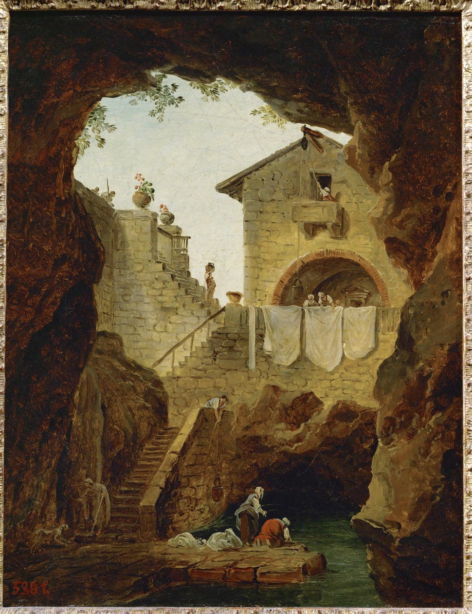 Lavandieres. La fontaine sous la grotte. Pesijät. Suihkulähde luolassa ... tekijältä Hubert (circle of) Robert