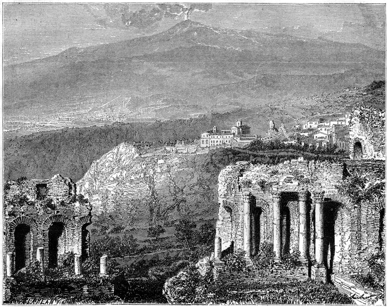 Etna ja näkymä Taorminaan, Sisilia, Italia, 1800-luku tekijältä Hubert Clerget